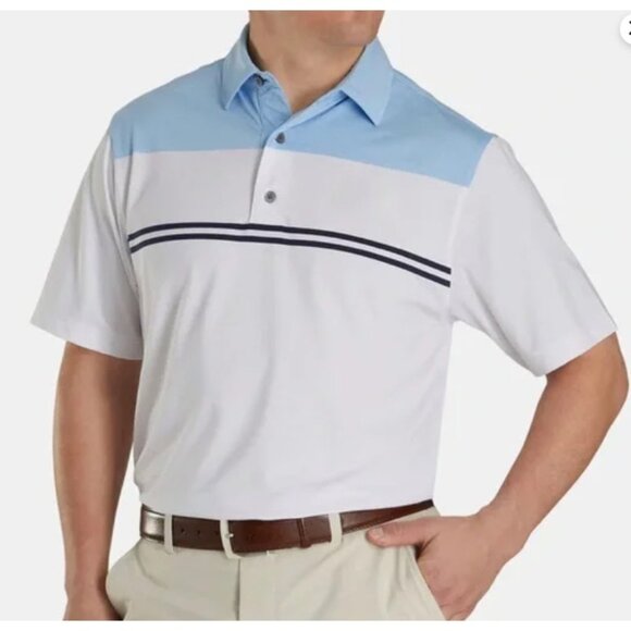 Footjoy Golf Polo Shirt Mens 2XL Heather Sky White Navy Colorblock Lisle 26070 - Picture 1 of 16